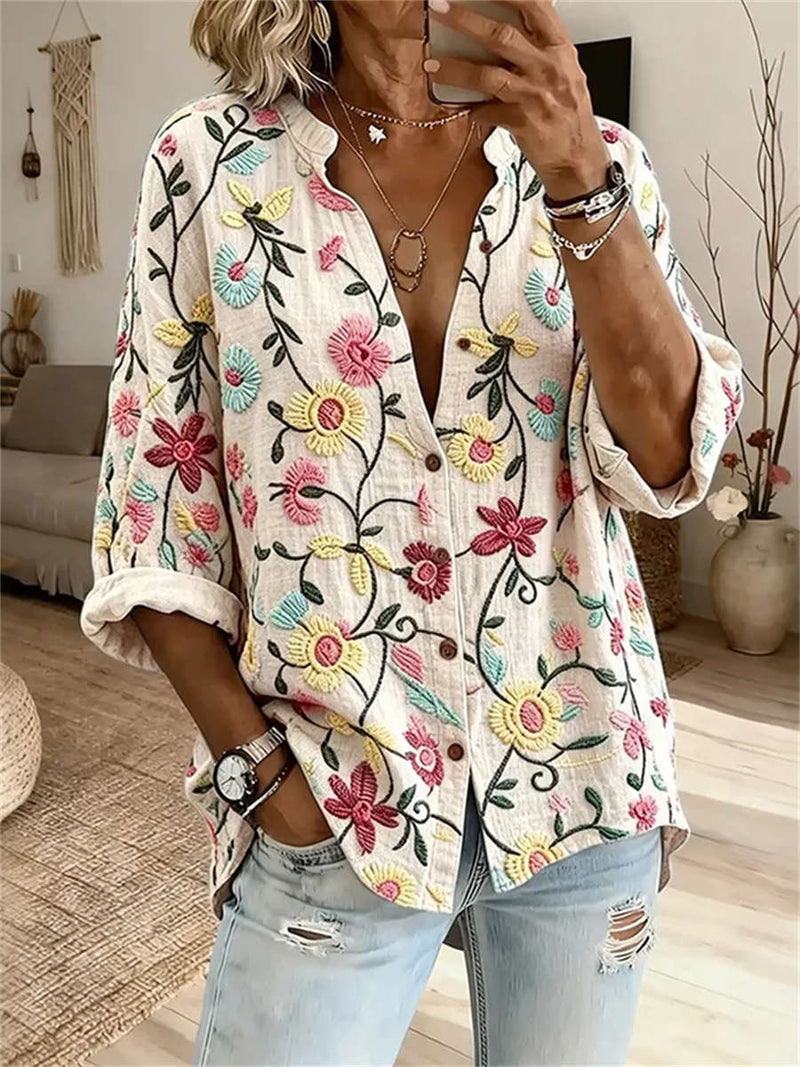 Women's Off White Colorful Floral Embroidery Stand Collar Long Sleeve Shirt