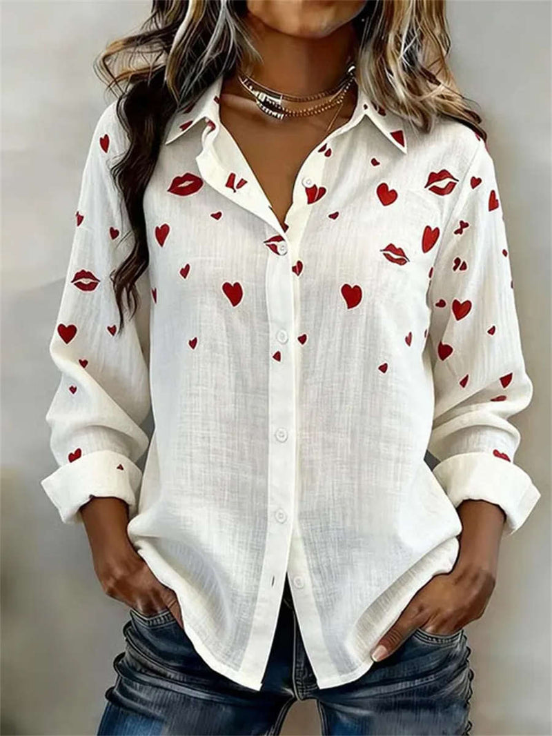 Women's White Heart Lip Print Lapel Long Sleeve Shirt