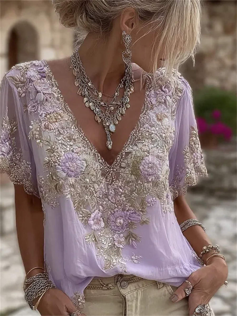 Women's Purple Floral Lace Embroidery V Neck Short Sleeve Blouse