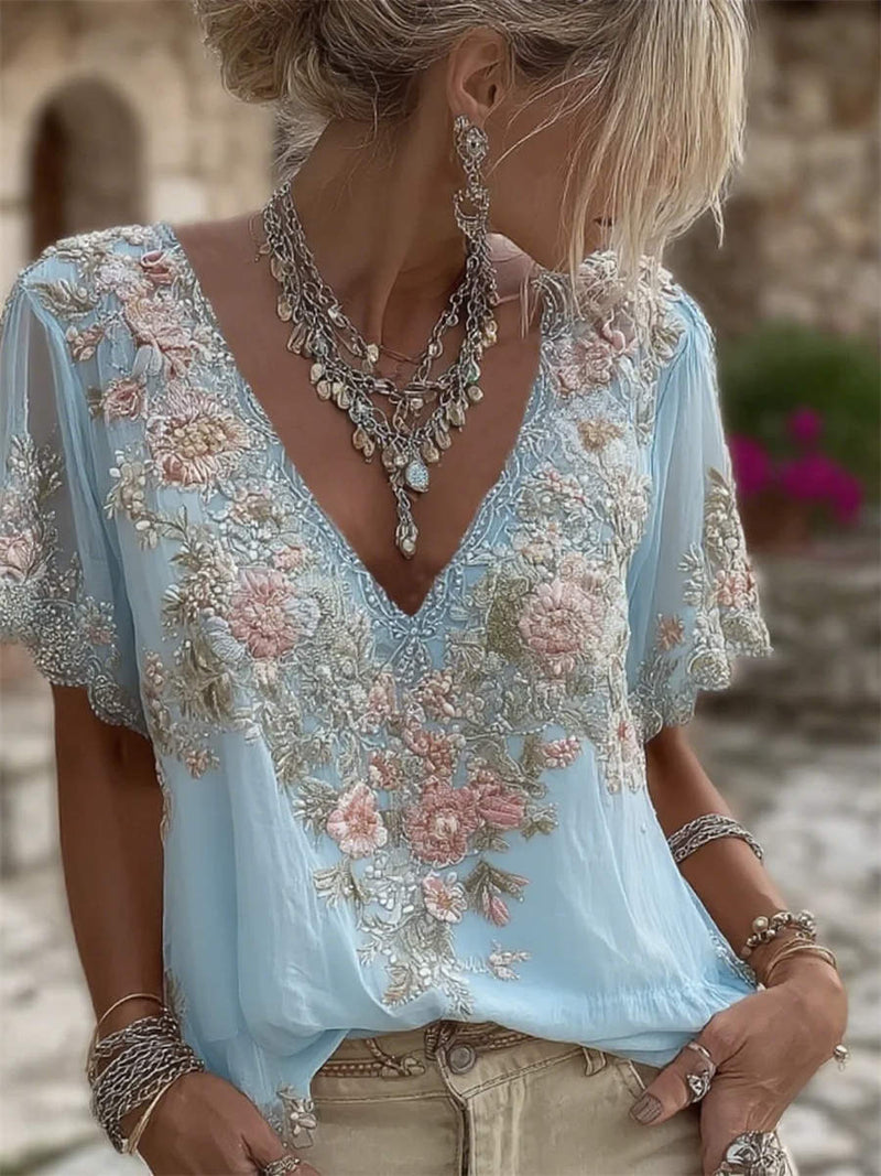 Women's Blue Floral Lace Embroidery V Neck Short Sleeve Blouse