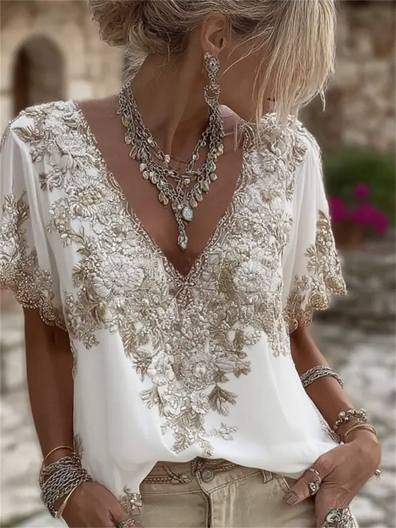 Women's White Floral Lace Embroidery V Neck Short Sleeve Blouse