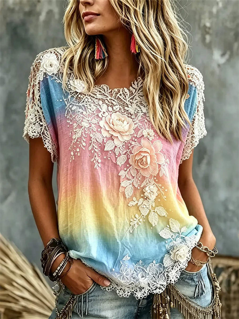 Women's Rainbow Gradient Floral Embroidery Lace Round Neck Short Sleeve Blouse