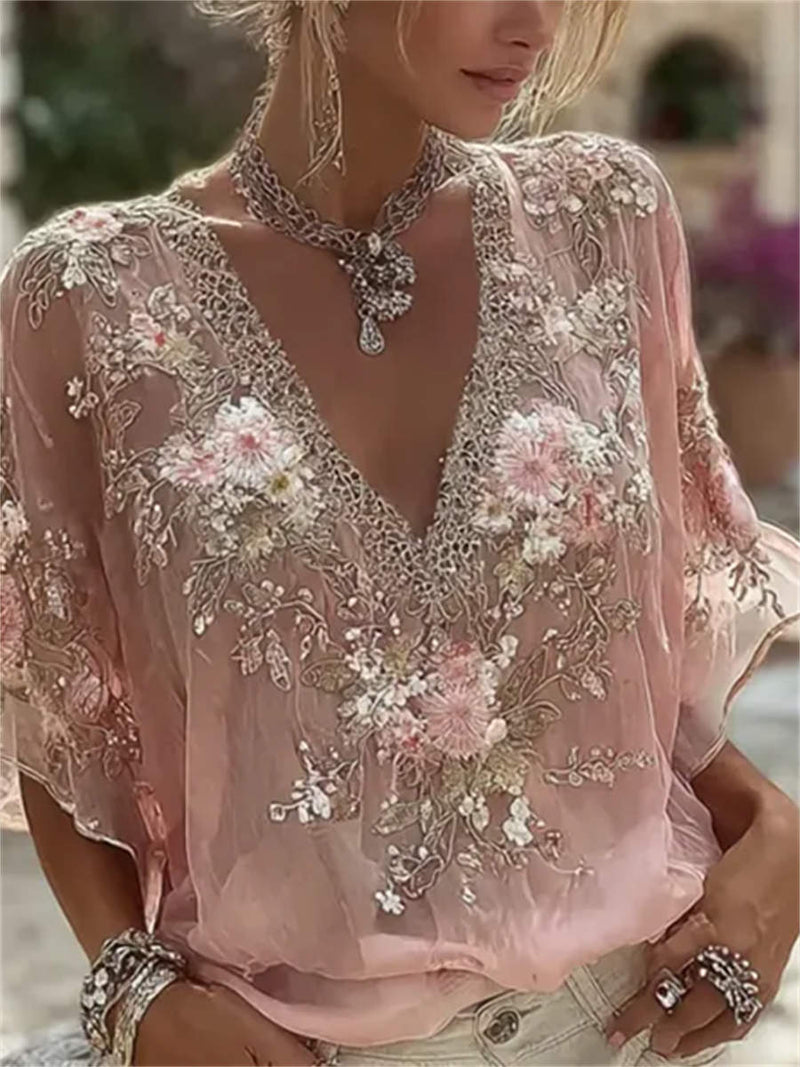 Women's Pink Floral Embroidery Lace V Neck Half Sleeve Blouse