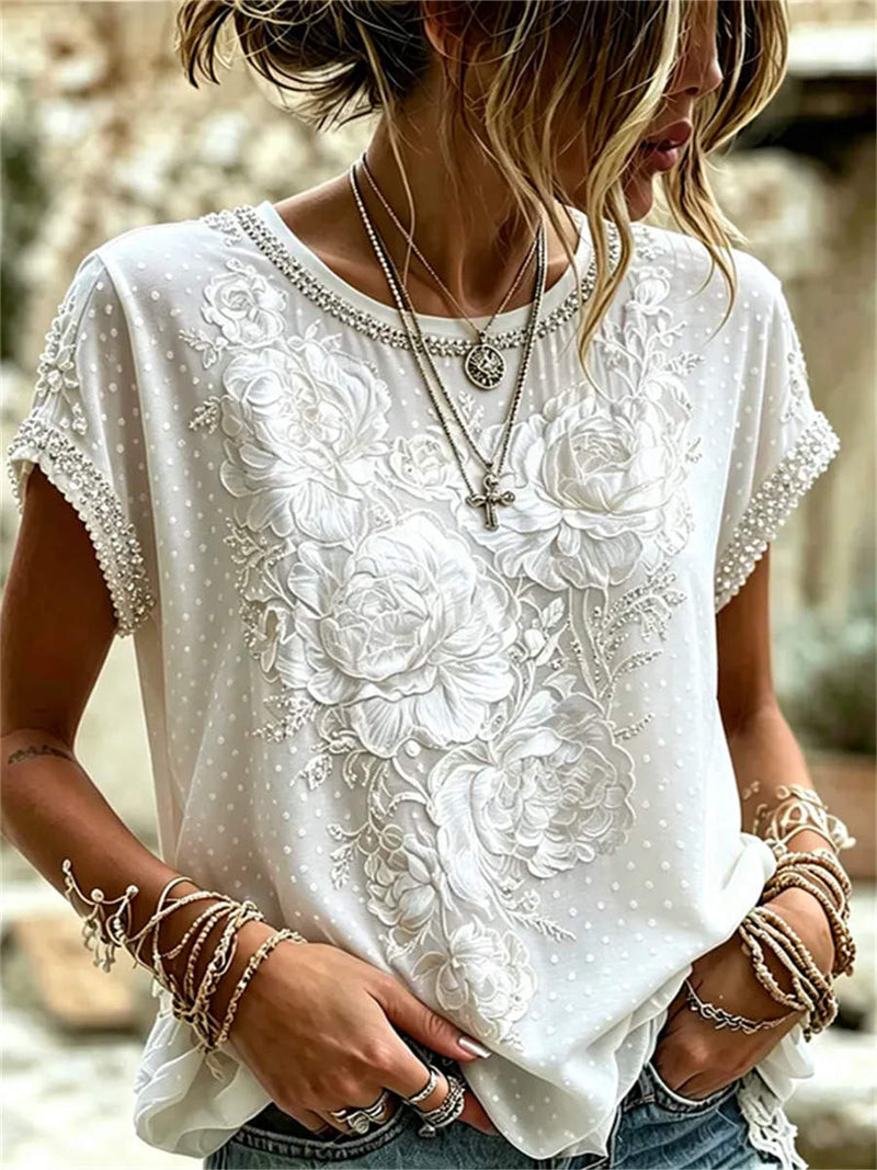 Women's White Rose Polka Dot Print Round Neck Short Sleeve Blouse