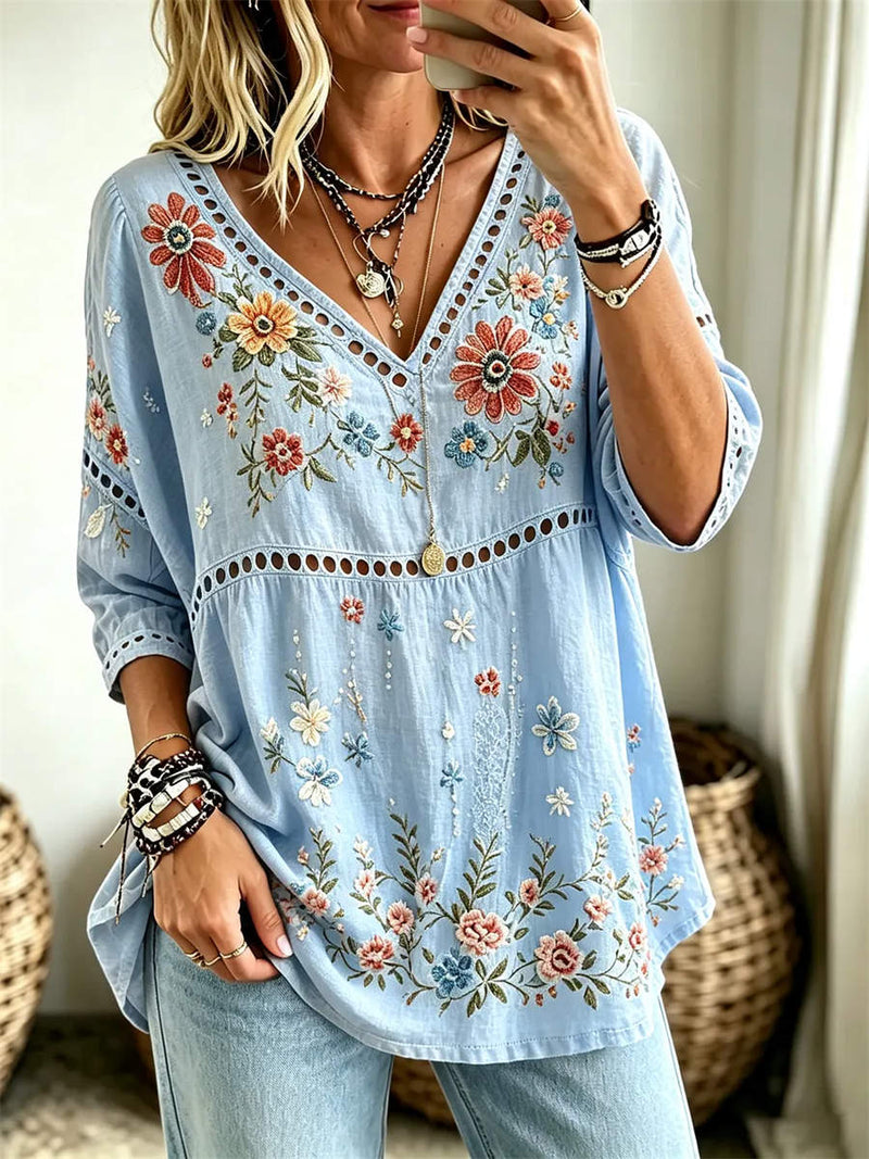 Women's Light Blue Floral Embroidery Eyelet V Neck 3/4 Sleeve Blouse