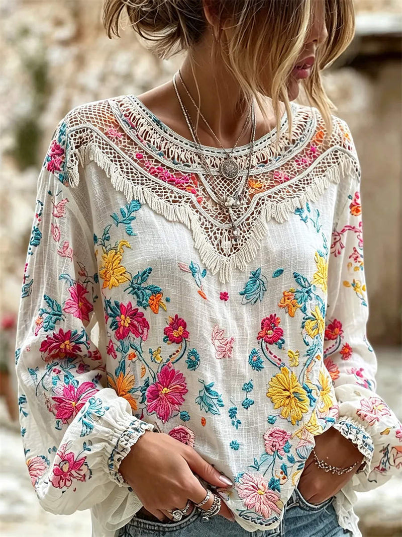 Women's White Colorful Floral Embroidery Hollow Round Neck Long Sleeve Blouse