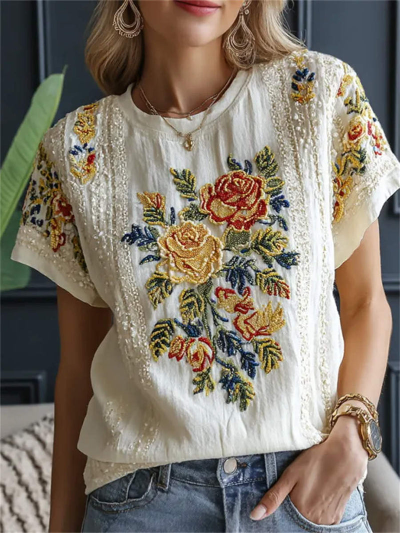 Women's White Floral Embroidery Round Neck Short Sleeve Blouse