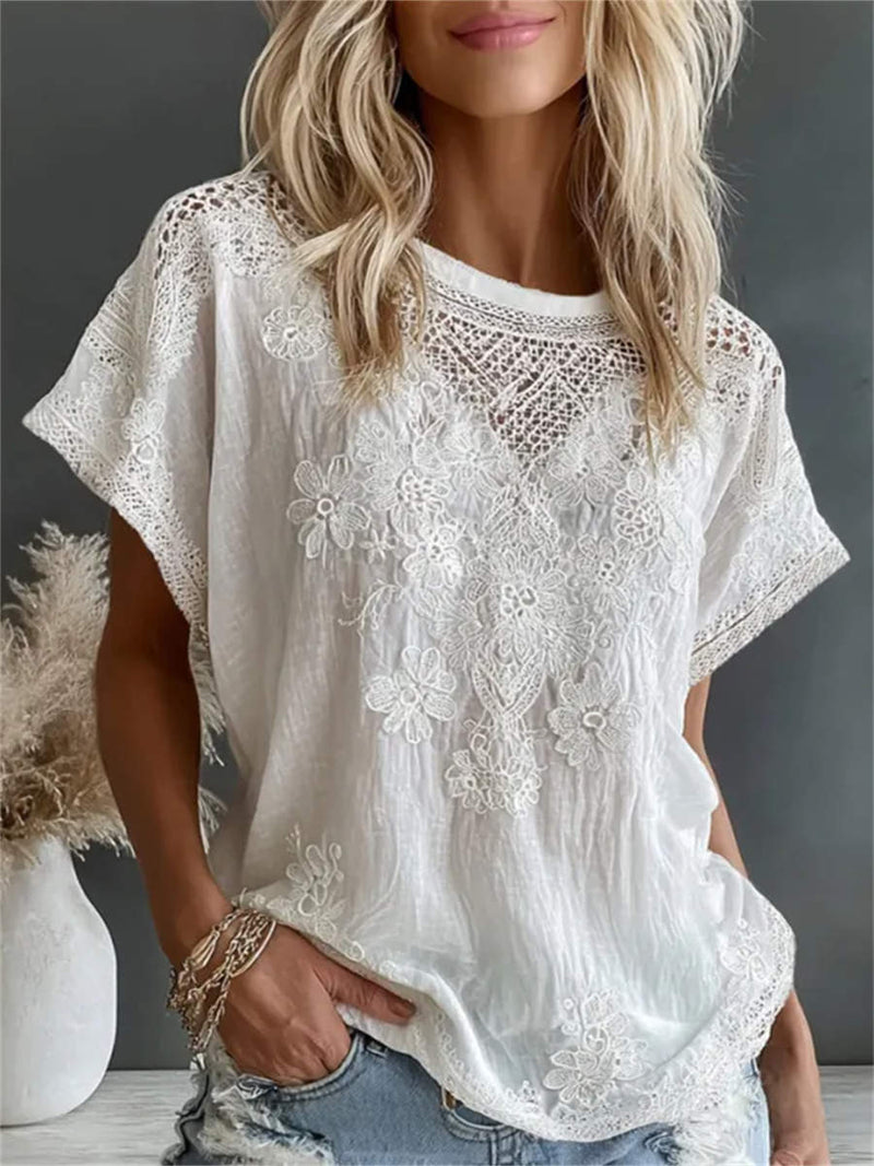 Women's White Floral Embroidery Lace Patchwork Round Neck Short Sleeve Blouse
