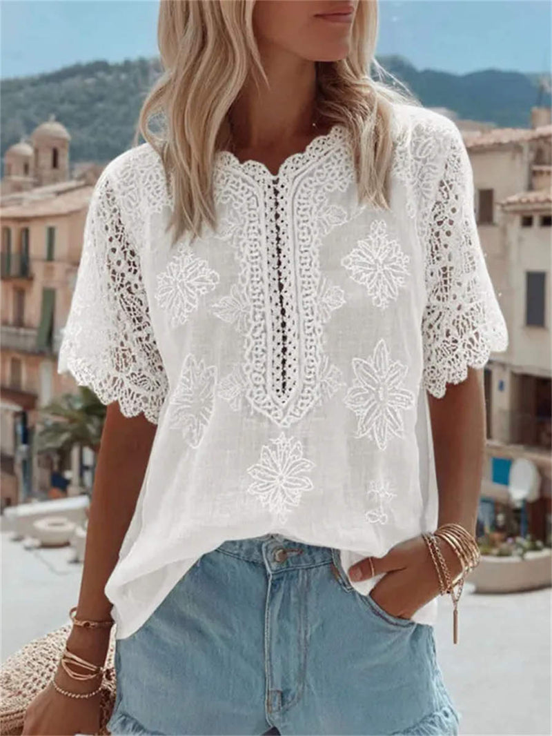 Women's White Floral Embroidery Lace Round Neck Short Sleeve Blouse