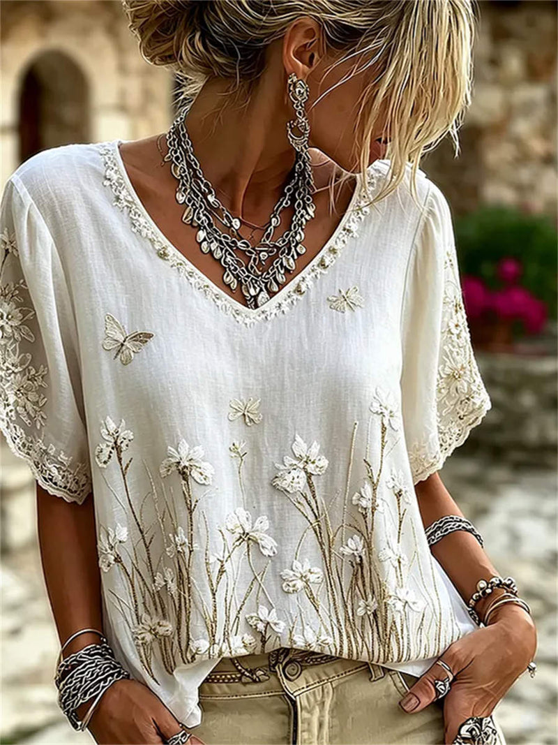 Women's White Wildflower Butterfly Embroidery Lace V Neck Short Sleeve Blouse