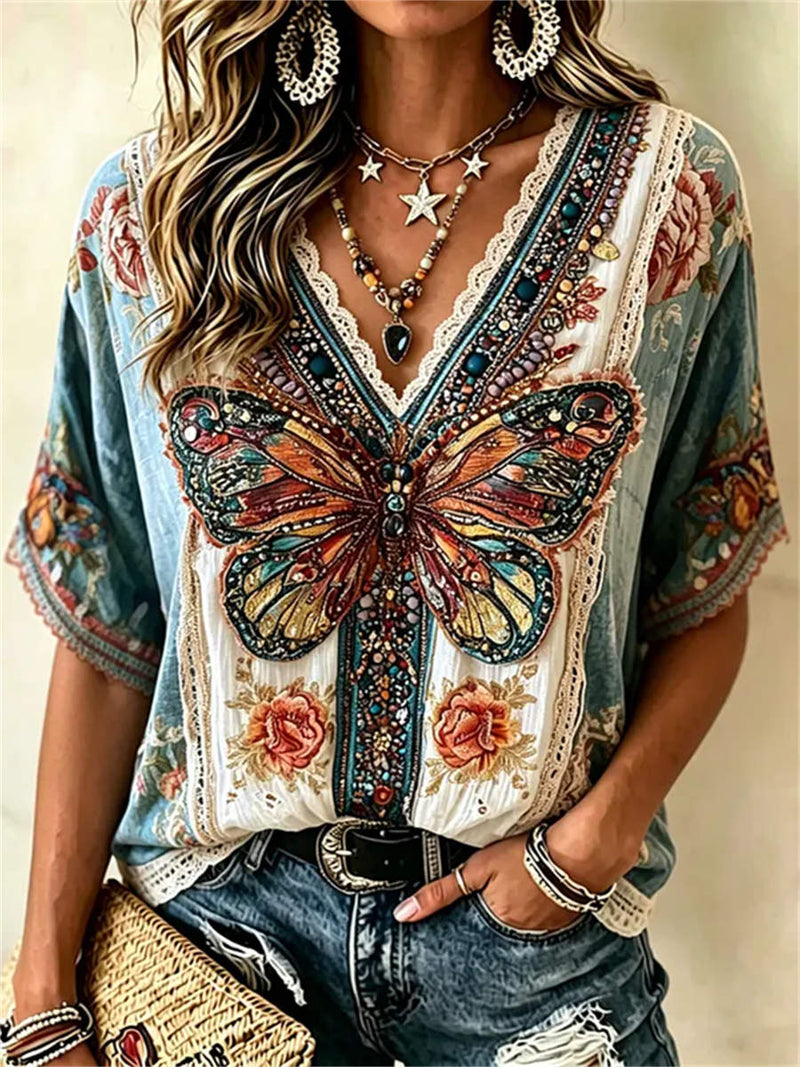 Women's Vintage Blue Butterfly Floral Embroidery Lace V Neck Short Sleeve Blouse