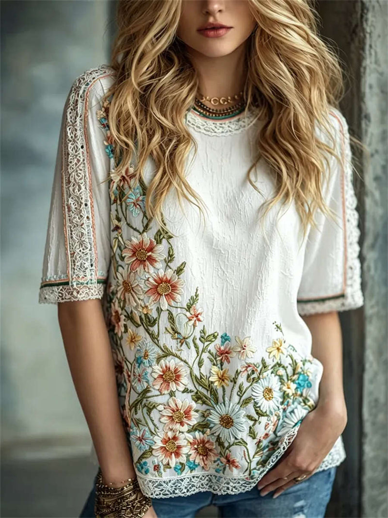 Women's White Floral Embroidery Lace Trim Round Neck Half Sleeve Blouse