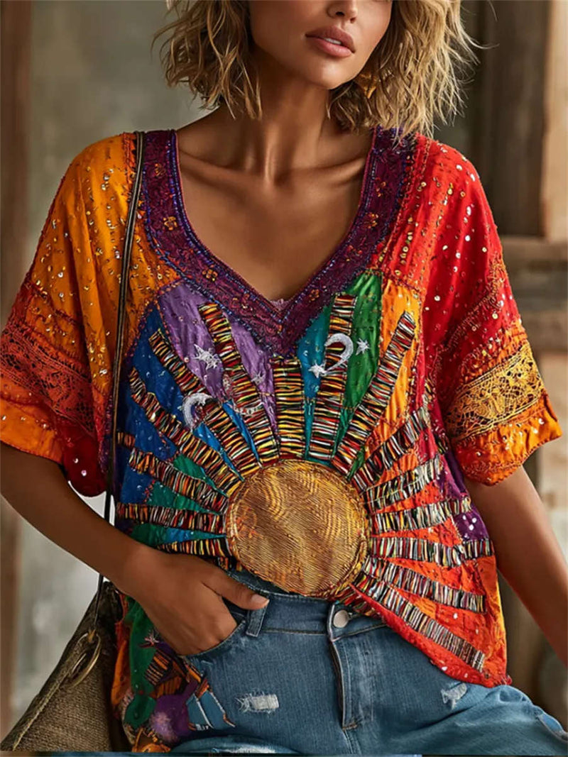 Women's Colorful Sun Print Lace V Neck Half Sleeve Blouse