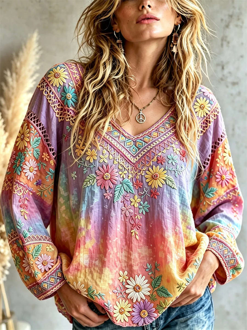 Women's Multi Tie Dye Floral Embroidery V Neck Long Sleeve Blouse
