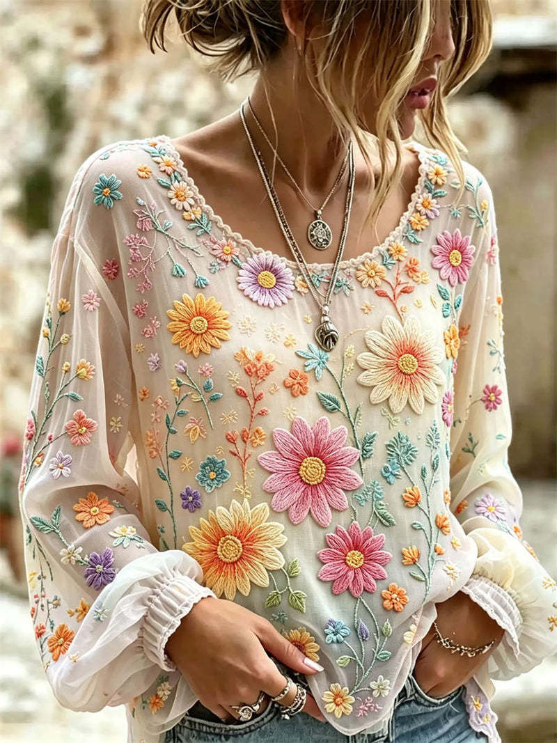 Women's Beige Floral Embroidery Round Neck Long Sleeve Blouse