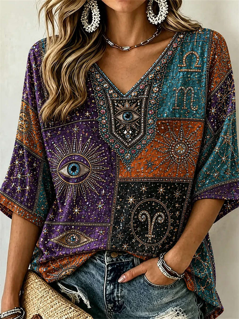 Women's Retro Colorful Patchwork Art Print V Neck 3/4 Sleeve Blouse