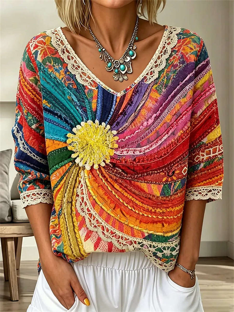 Women's Colorful Floral Patchwork Lace V Neck 3/4 Sleeve Blouse