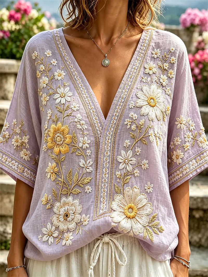 Women's Light Purple Floral Embroidery V Neck 3/4 Sleeve Blouse