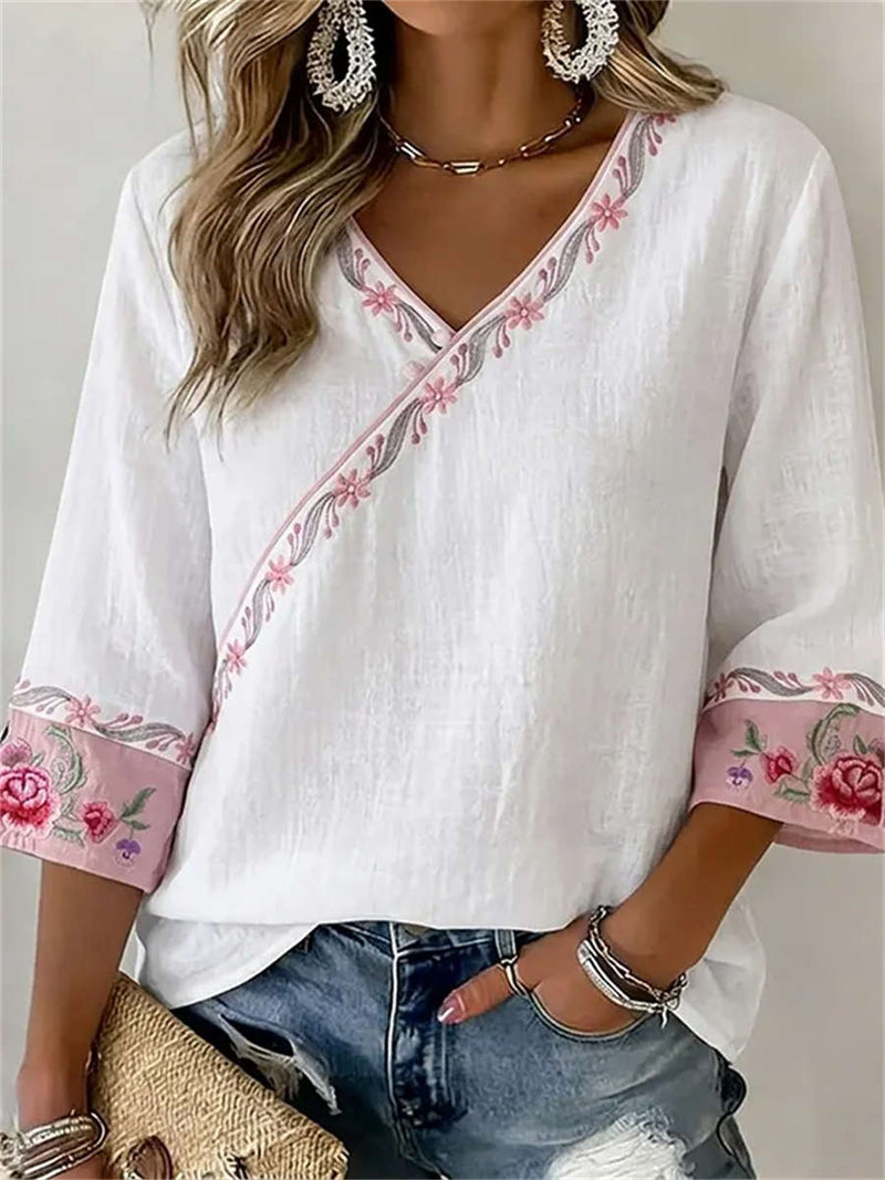 Women's White Floral Embroidery V Neck 3/4 Sleeve Blouse