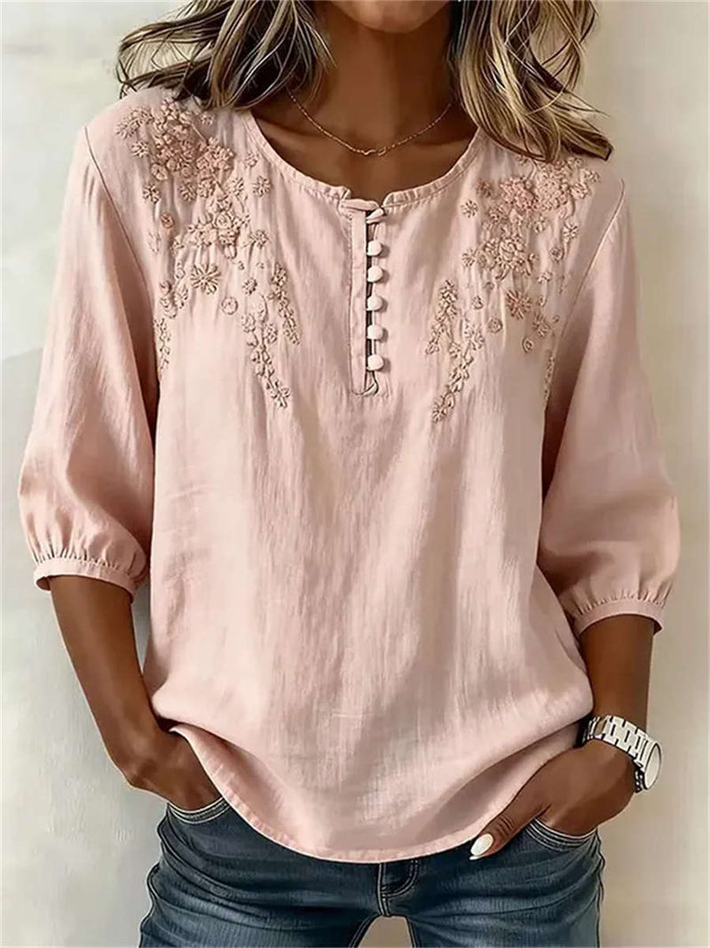 Women's Pink Floral Embroidery Round Neck 3/4 Sleeve Blouse