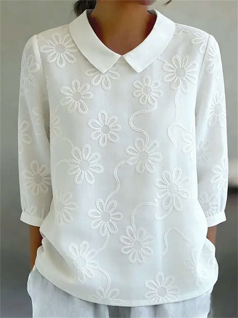 Women's White Floral Embroidery Lapel 3/4 Sleeve Blouse