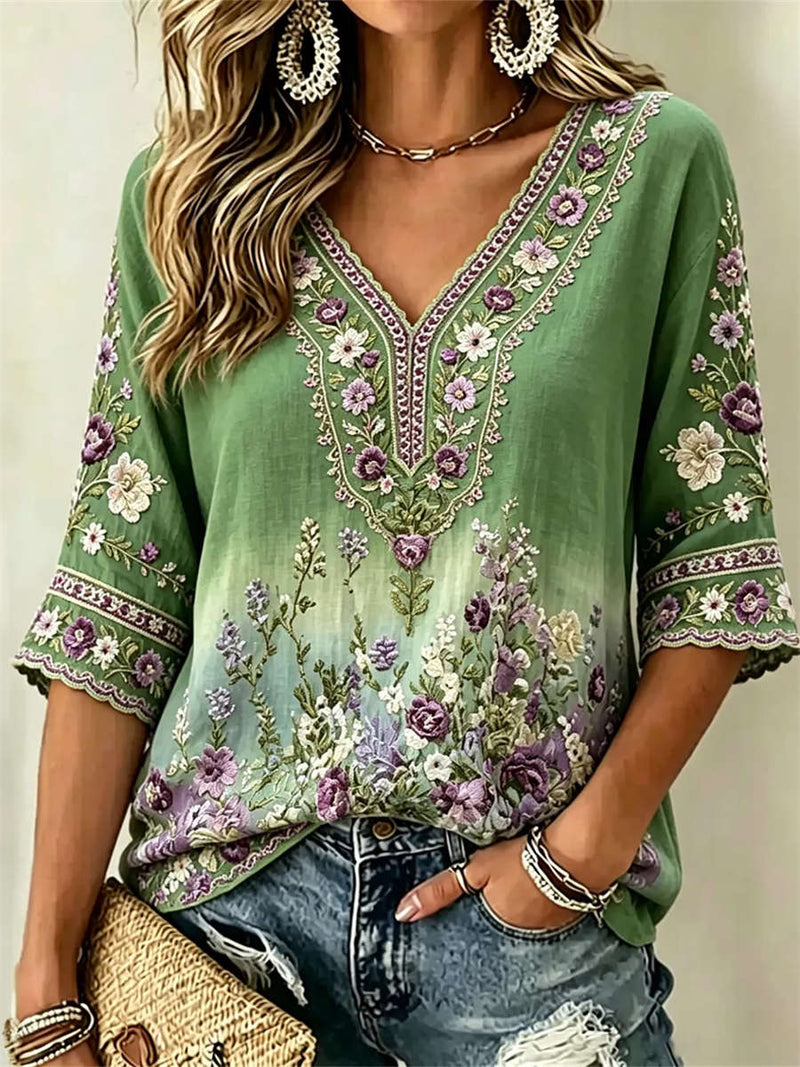 Women's Green Gradient Floral Embroidery V Neck 3/4 Sleeve Blouse