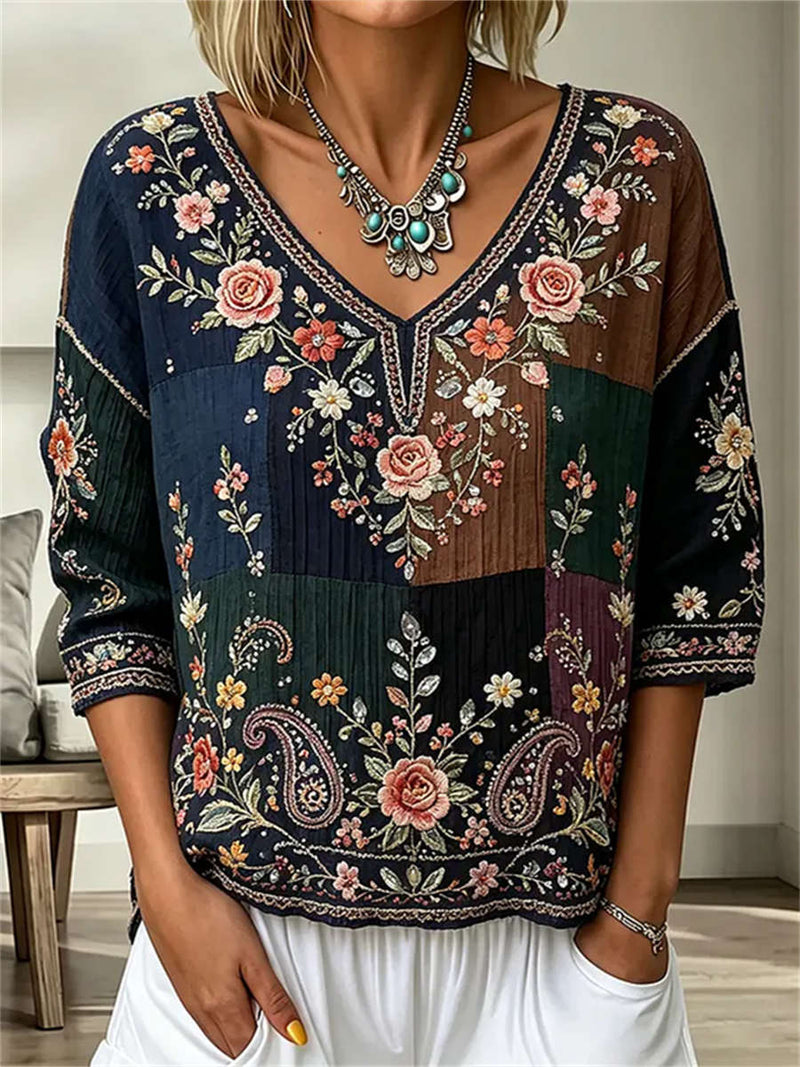 Women's Multi Patchwork Floral Embroidery V Neck 3/4 Sleeve Blouse