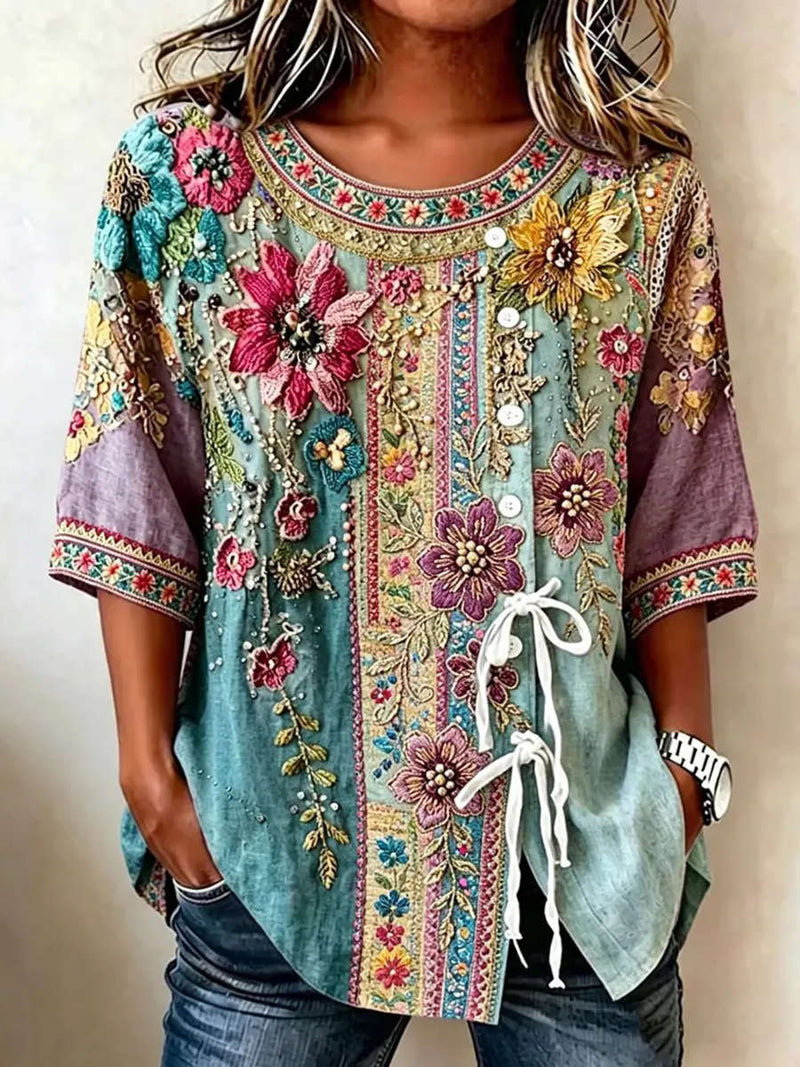 Women's Multi Floral Print Round Neck 3/4 Sleeve Blouse