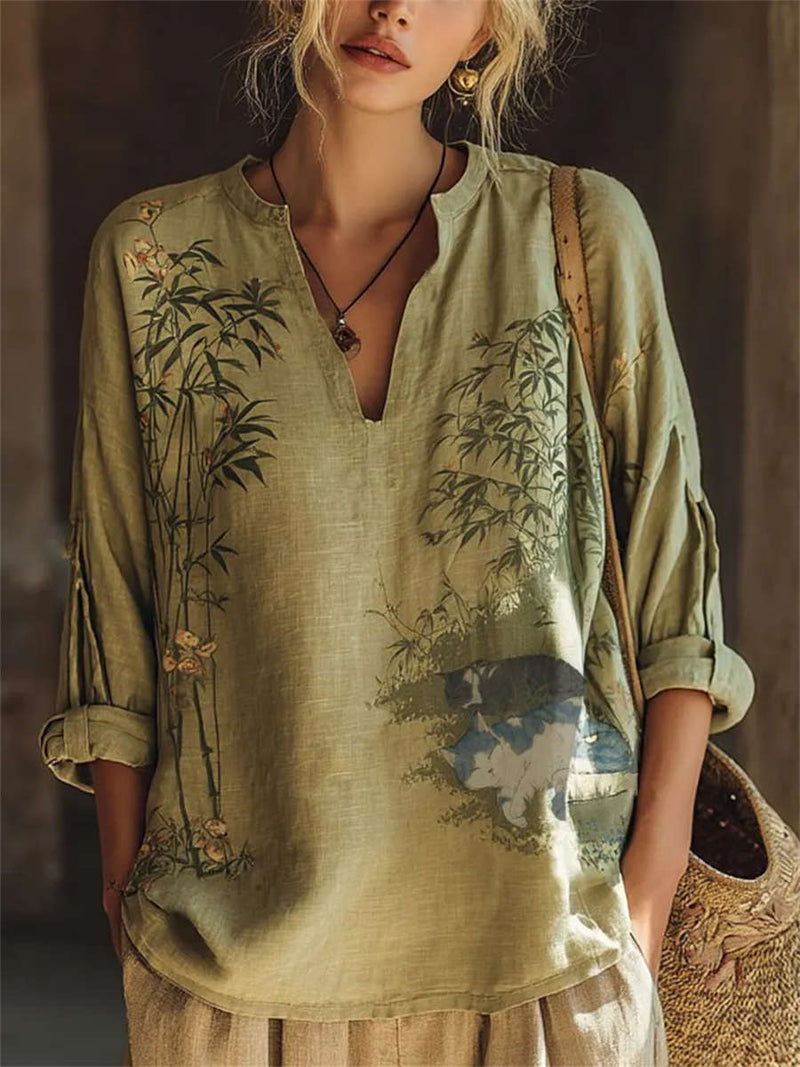 Women's Light Green Bamboo Cat Print Notch Neck Long Sleeve Blouse