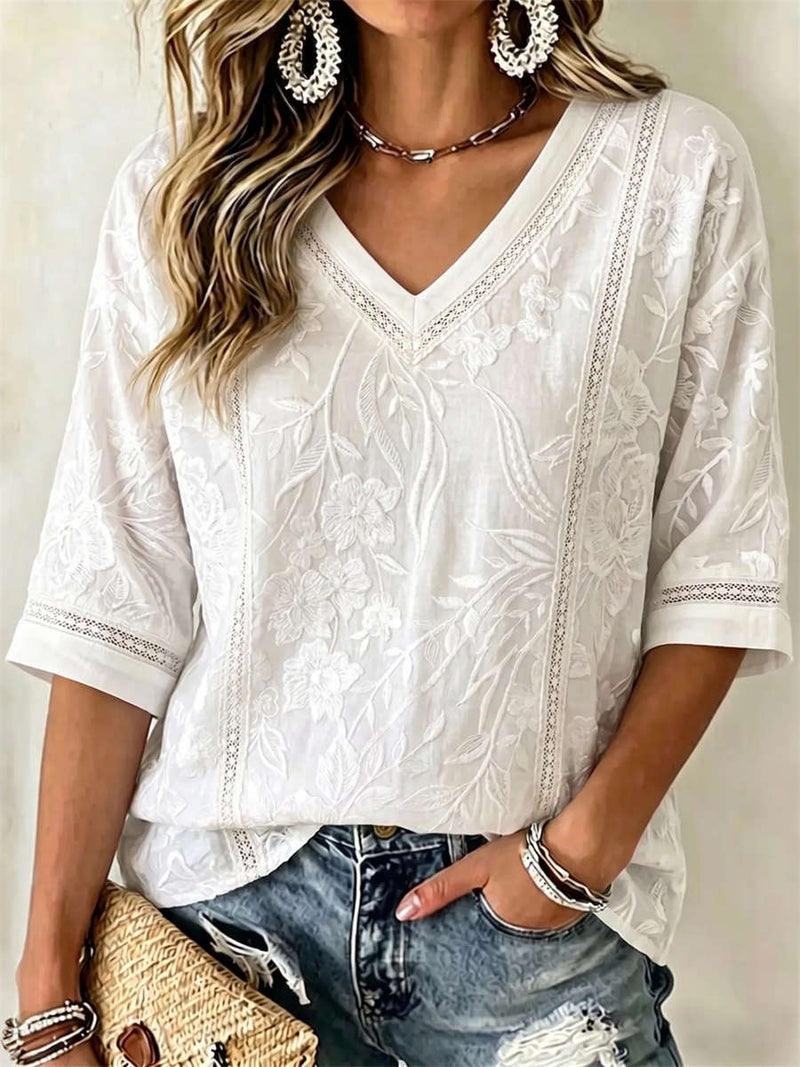 Women's White Floral Embroidery V Neck 3/4 Sleeve Blouse