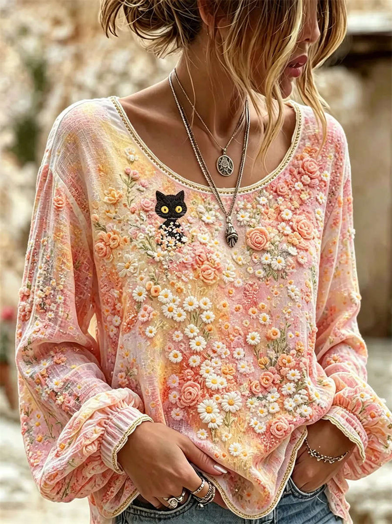 Women's Pink Gradient Cat Floral Print Round Neck Long Sleeve Blouse