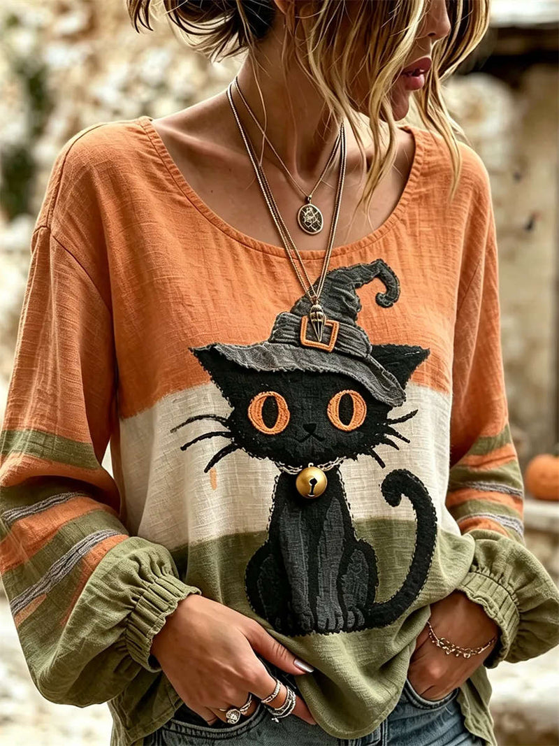 Women's Color Block Witch Cat Print Round Neck Long Sleeve Blouse