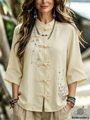 Women's Beige Floral Embroidery Frog Button Mandarin Collar 3/4 Sleeve Blouse