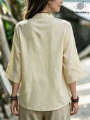Women's Beige Floral Embroidery Frog Button Mandarin Collar 3/4 Sleeve Blouse