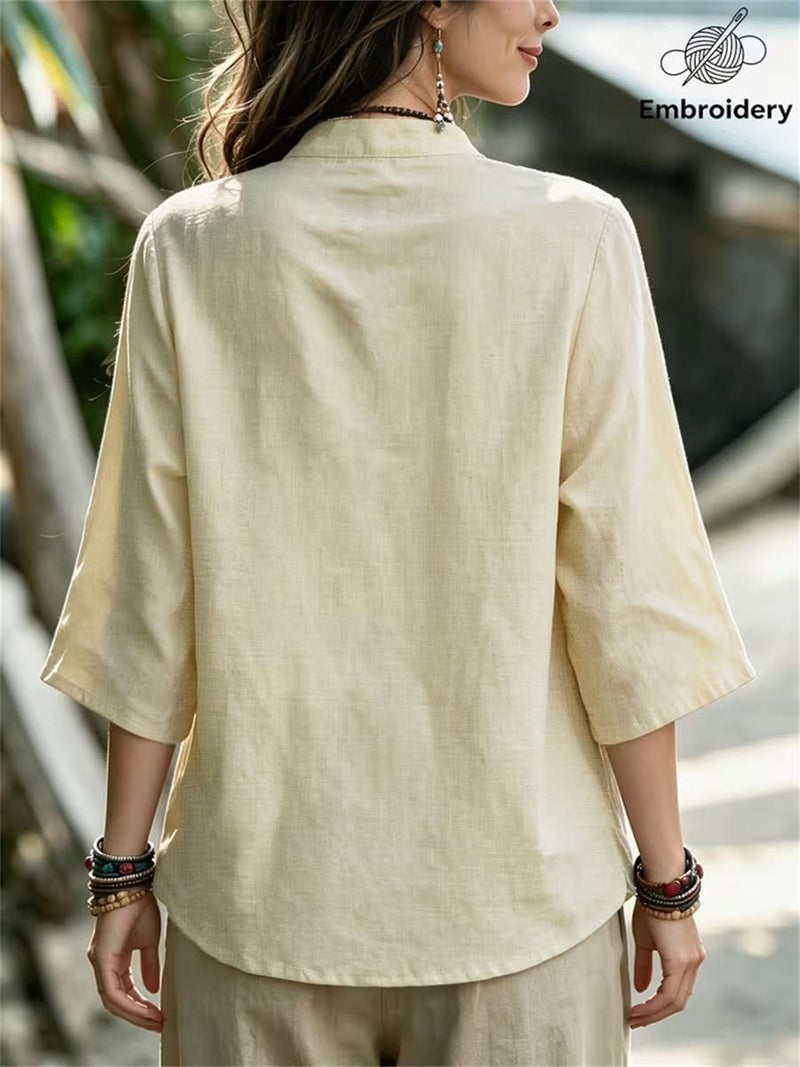 Women's Beige Floral Embroidery Frog Button Mandarin Collar 3/4 Sleeve Blouse