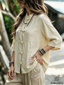 Women's Beige Floral Embroidery Frog Button Mandarin Collar 3/4 Sleeve Blouse