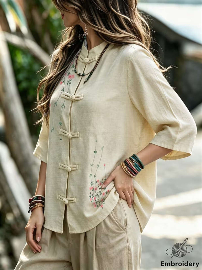Women's Beige Floral Embroidery Frog Button Mandarin Collar 3/4 Sleeve Blouse