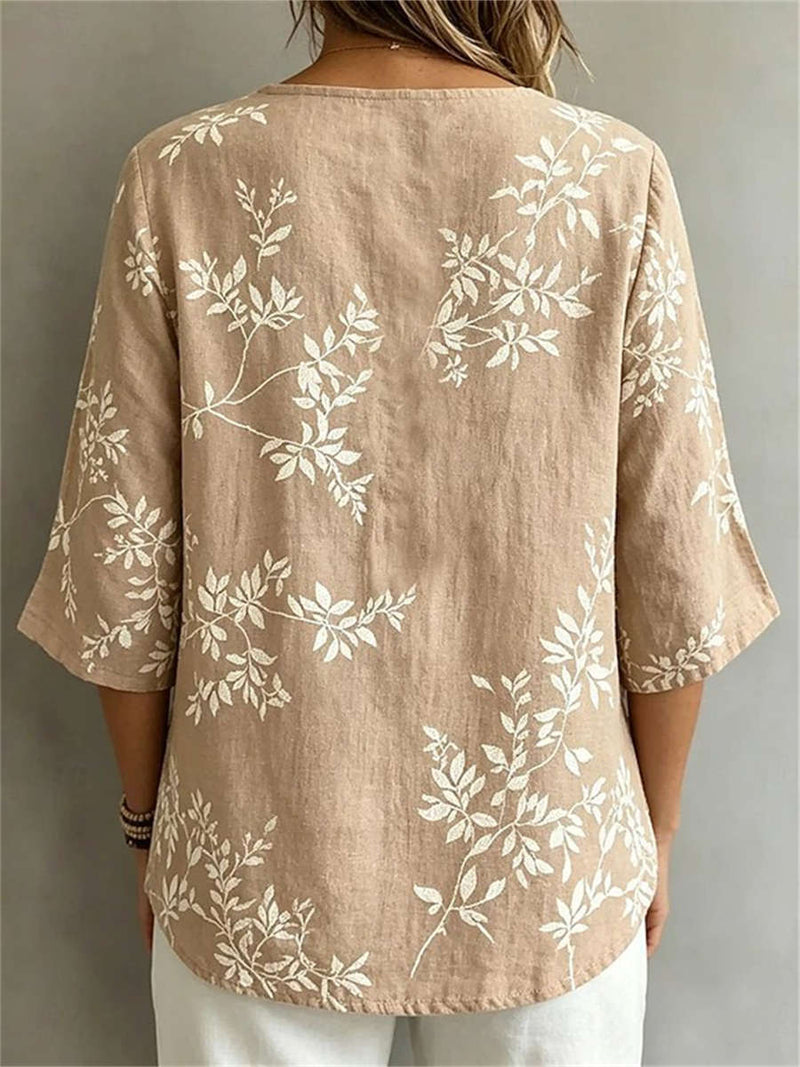 Women's Khaki Leaf Print V Neck 3/4 Sleeve Blouse