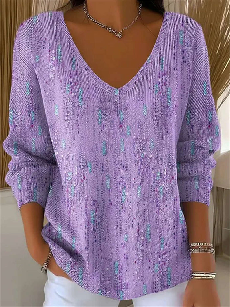Women's Purple Vertical Dot Print V Neck Long Sleeve Blouse