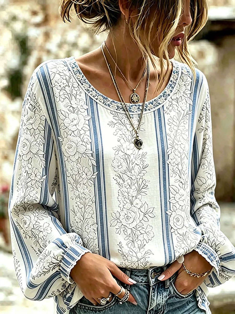 Women's White Blue Stripe Floral Print Round Neck Long Sleeve Blouse