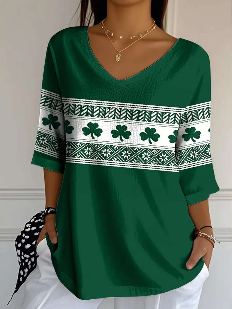 Women's Green Shamrock Geometric Stripe Print V Neck 3/4 Sleeve Blouse