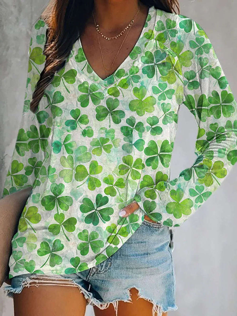 Women's White Base Green Shamrock Print V Neck Long Sleeve Tee