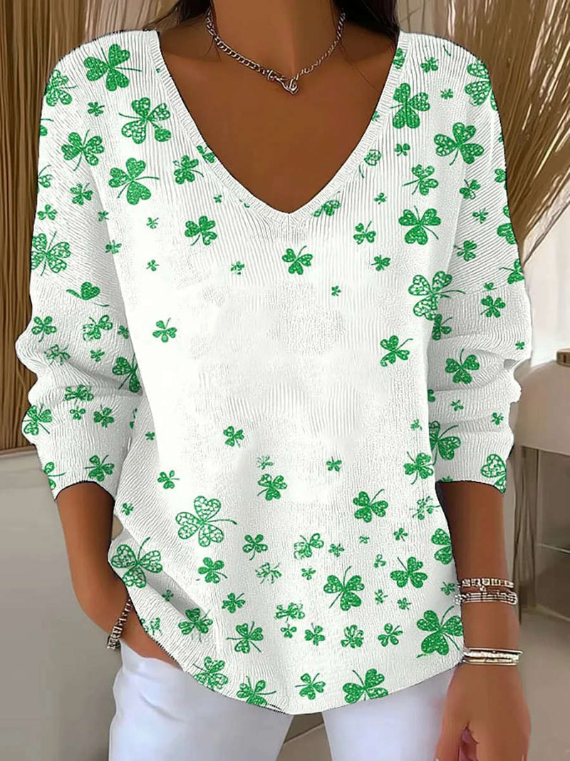 Women's White Green Shamrock Print V Neck Long Sleeve Blouse