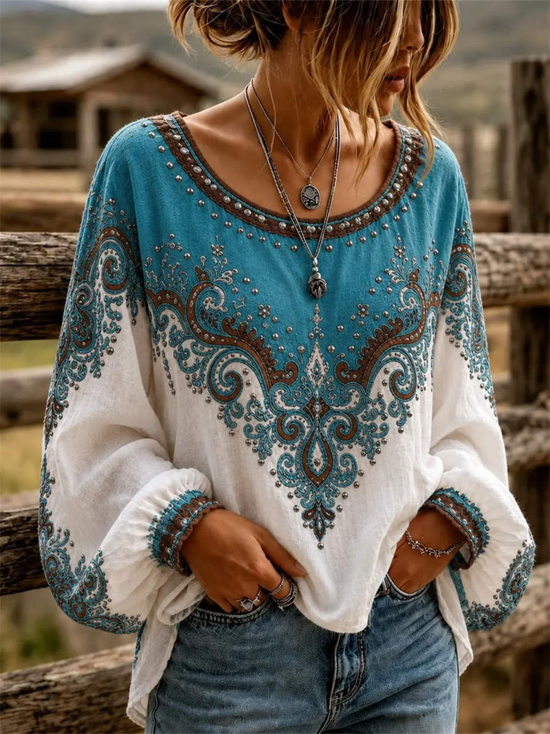 Women's White Turquoise Paisley Print Round Neck Long Sleeve Blouse