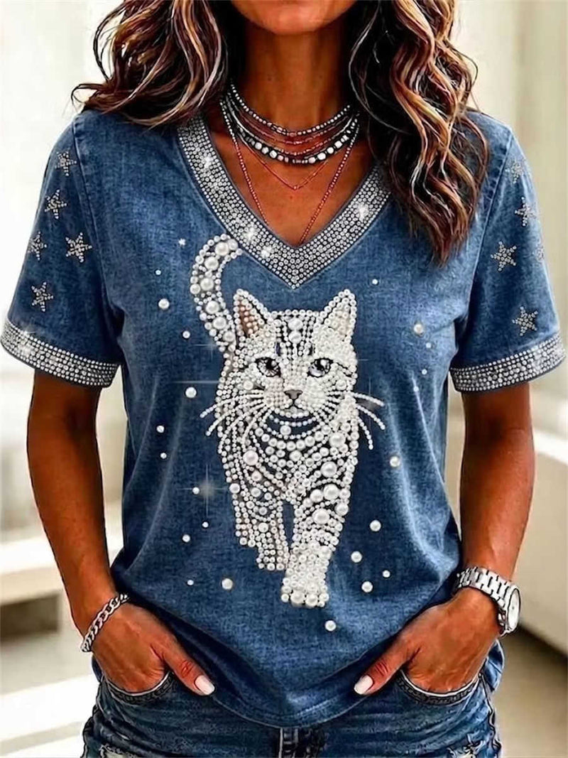 Women's Denim Blue Pearl Cat Star Rhinestone V Neck Short Sleeve Tee