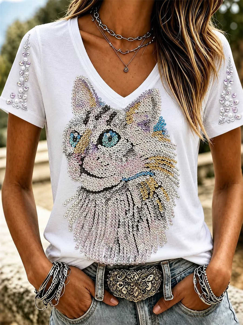 Women's White Cat Head Rhinestone V Neck Short Sleeve Tee