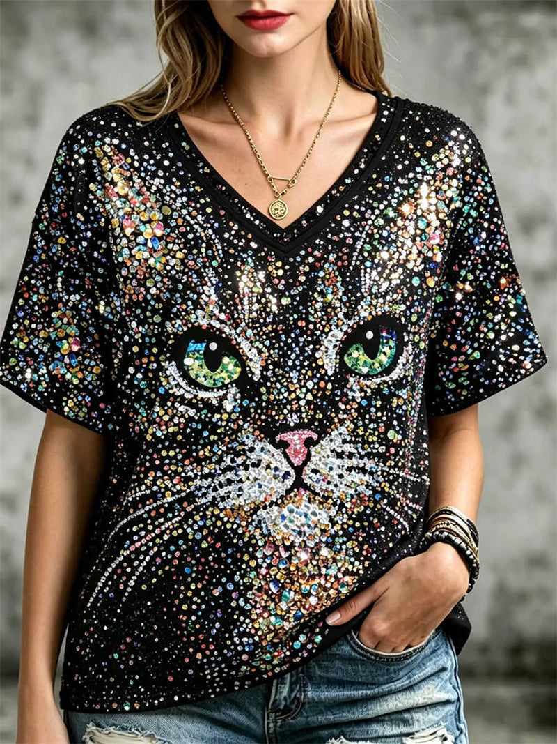 Women's Black Colorful Sequin Cat Head V Neck Short Sleeve Tee