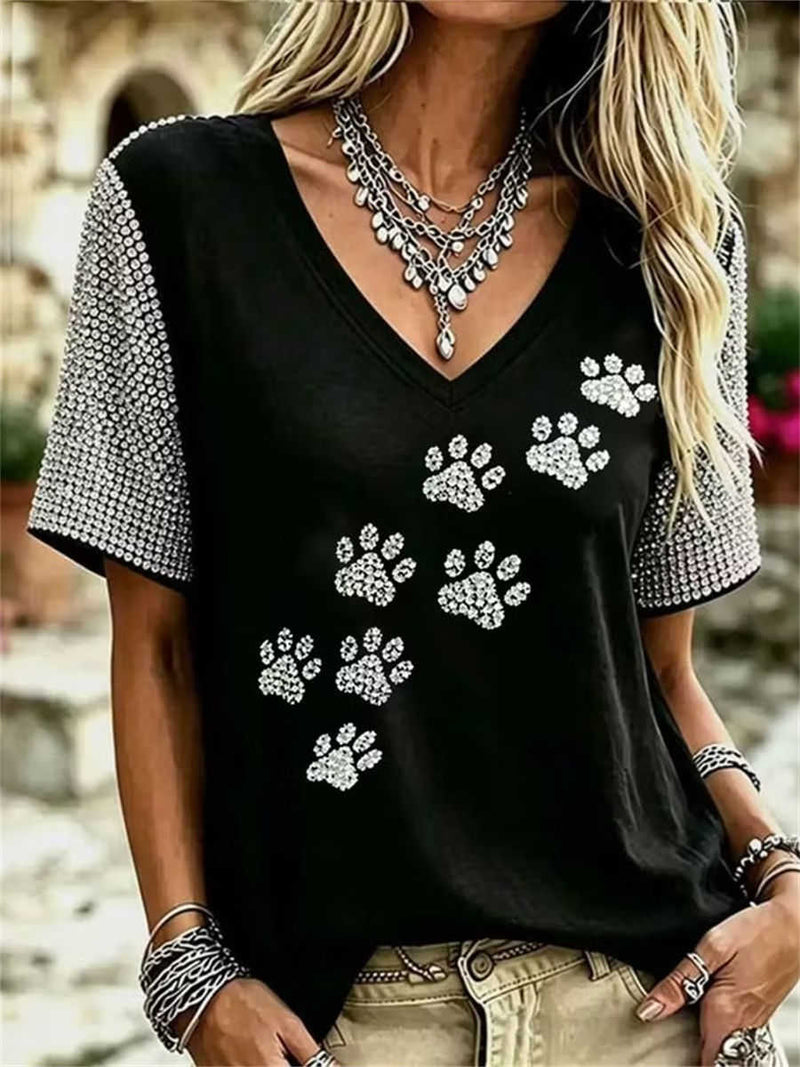 Women's Black Rhinestone Paw Print Contrast Short Sleeve V Neck Tee