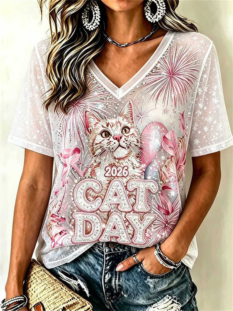 Women's White Mesh Cat Day Firework Rhinestone V Neck Short Sleeve Tee