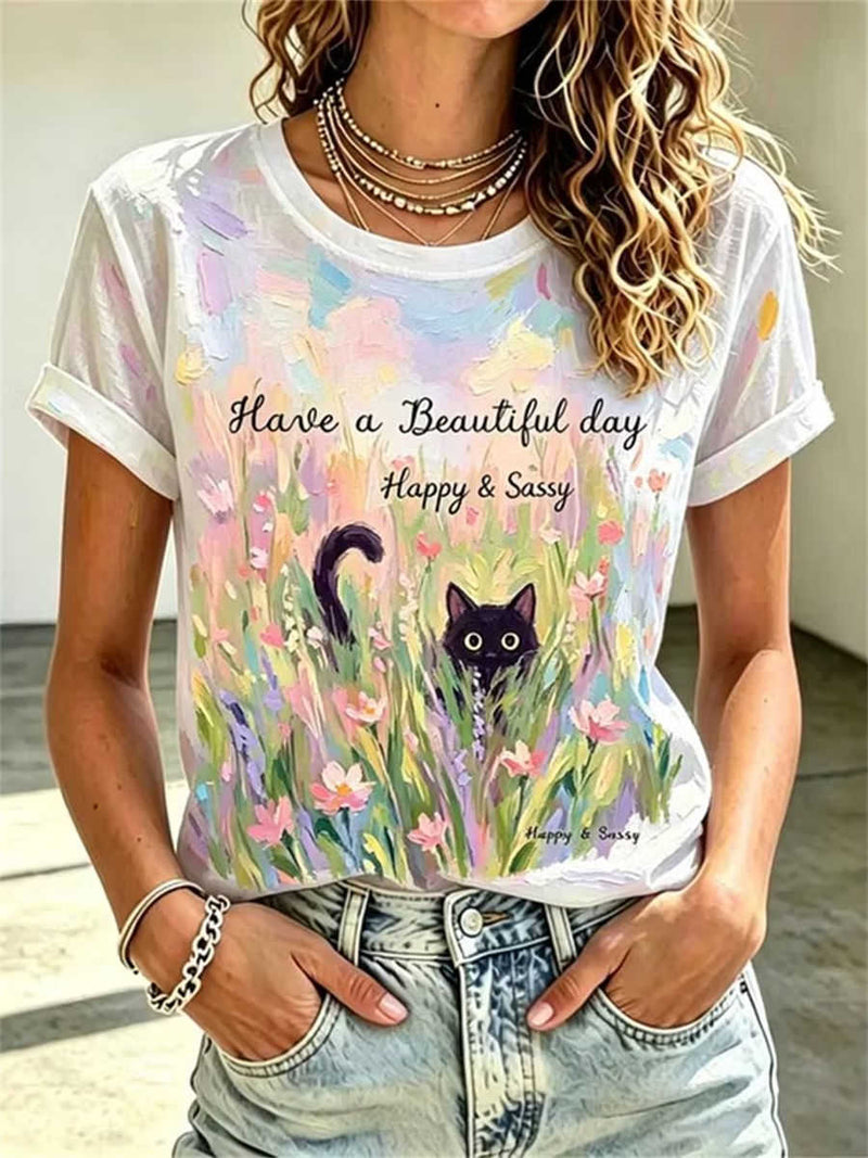 Women's White Oil Painting Floral Hidden Cat Letter Print Round Neck Short Sleeve Tee